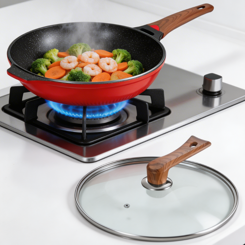 Red designer wok with lid