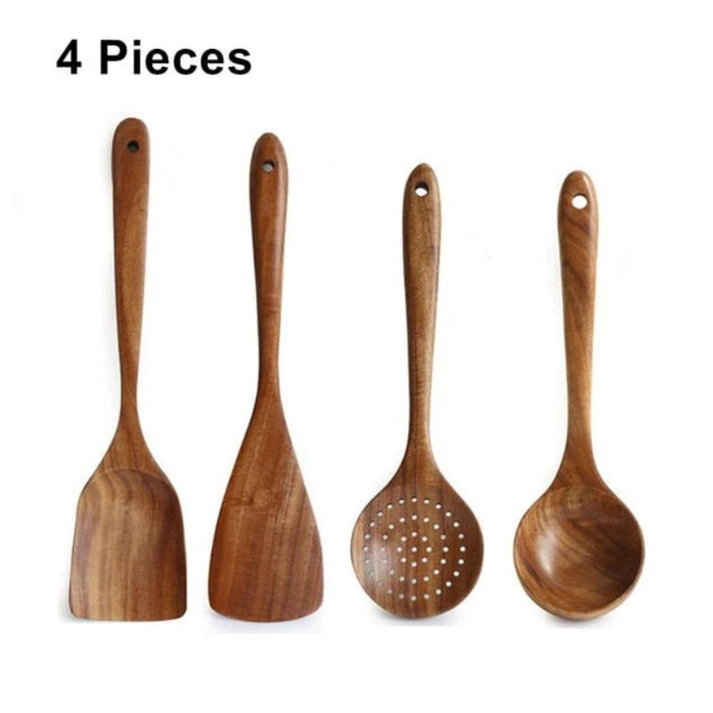 Wooden wok utensils set with spatulas and serving spoons