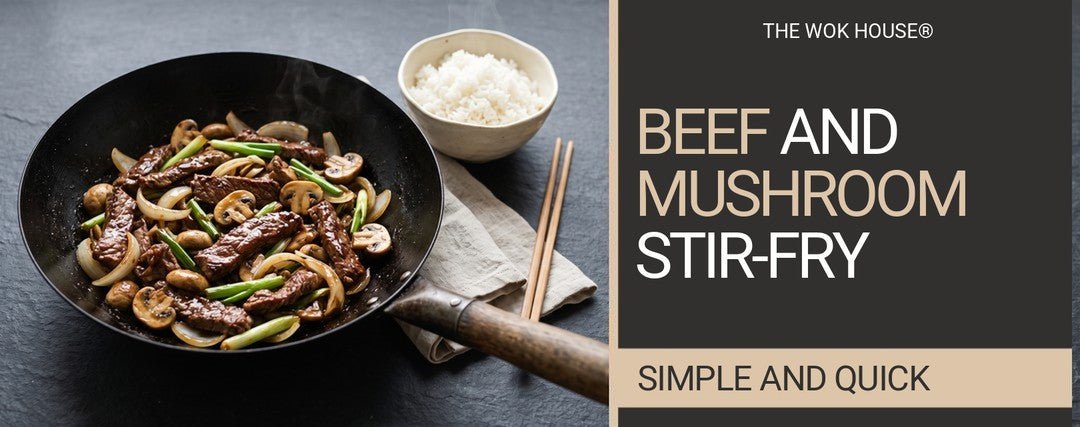 Beef strips with button mushrooms, onion and spring onion in a wok, with a bowl of rice and chopsticks