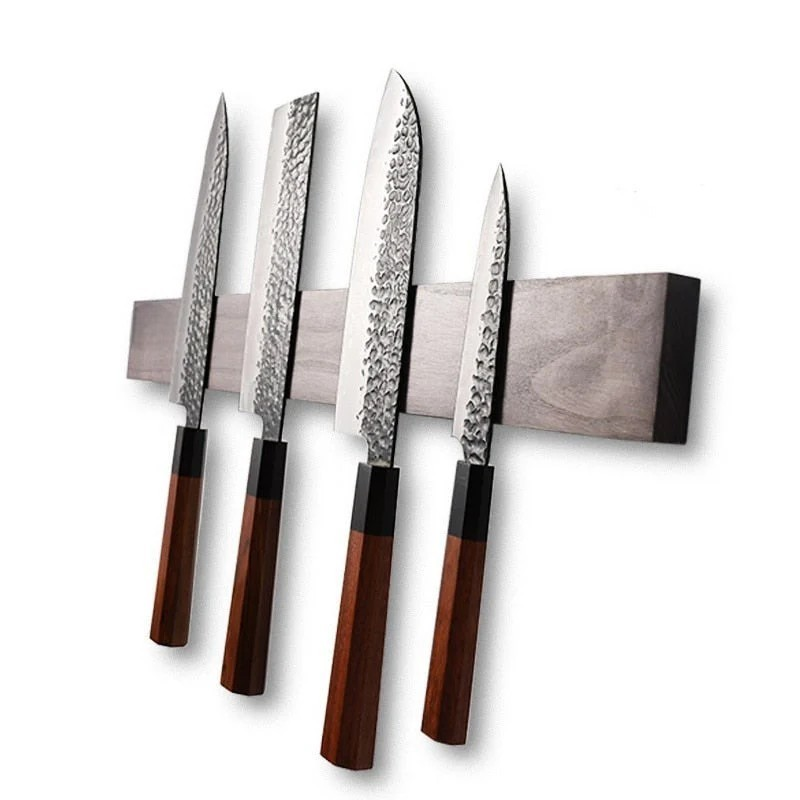 Ginka wall-mounted wooden magnetic knife holder with knives attached