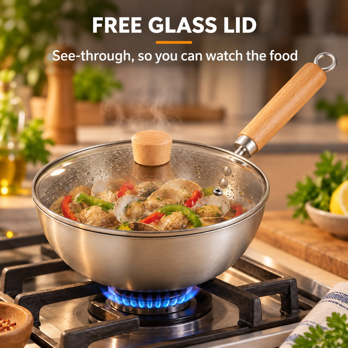 20 cm wok, FREE GLASS LID: See-through, so you can watch the food