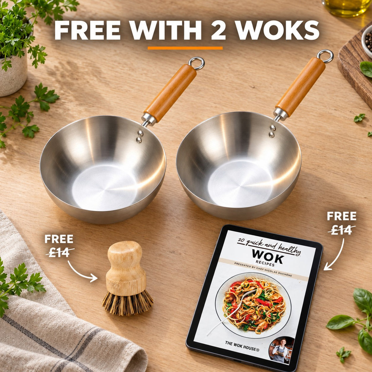 20 cm wok, FREE WITH 2 WOKS: bamboo brush (£14), recipe book (£14)