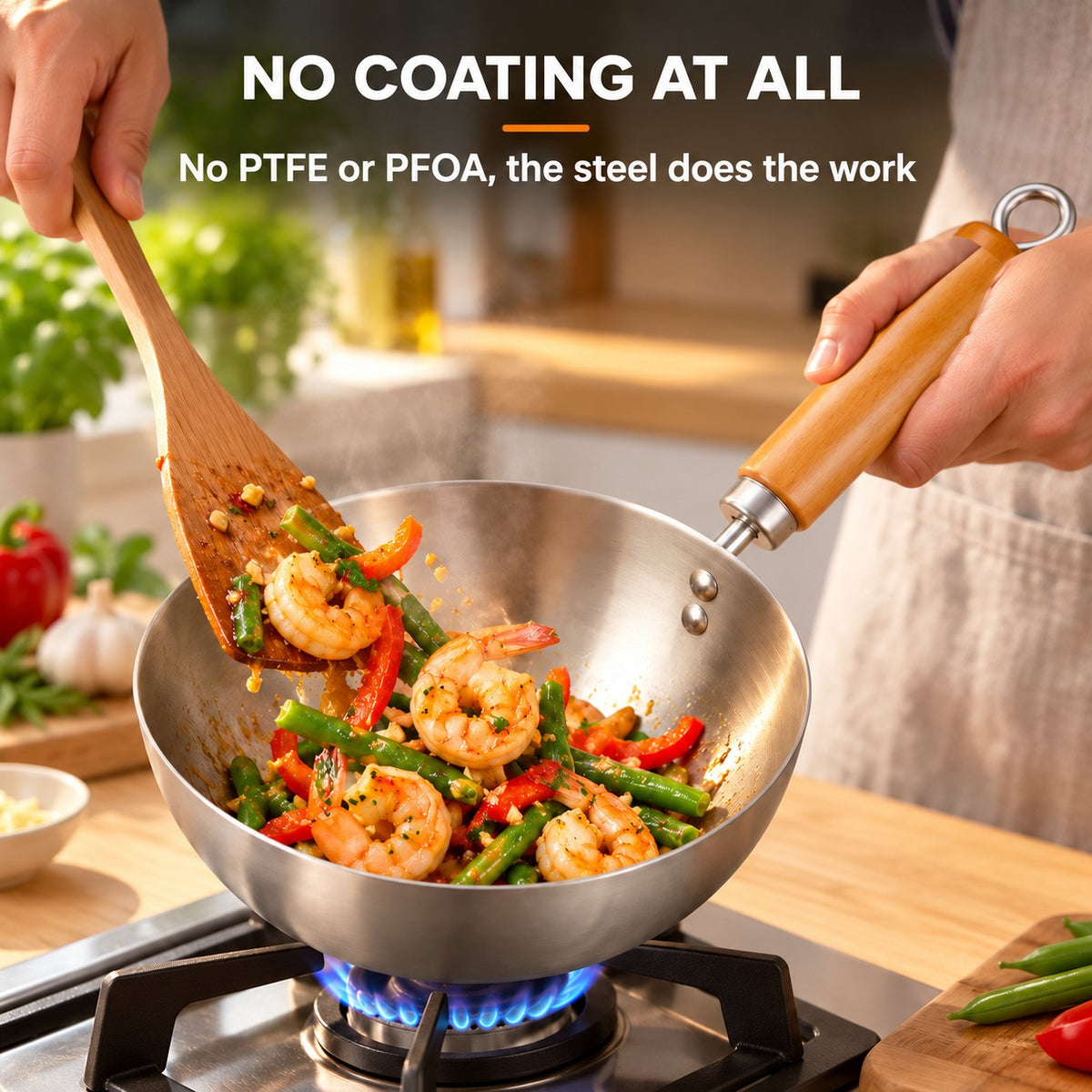 20 cm wok, NO COATING AT ALL: No PTFE or PFOA, the steel does the work