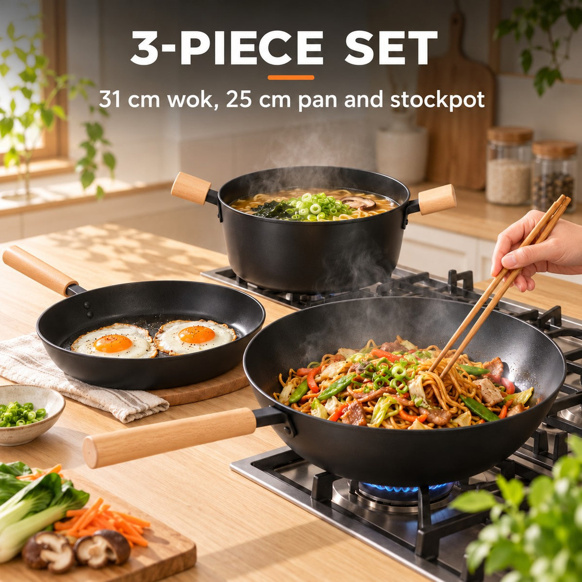 3-piece Japanese wok set, 3-PIECE SET: 31 cm wok, 25 cm pan and stockpot