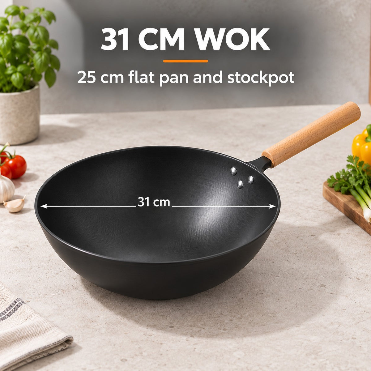 3-piece Japanese wok set, 31 CM WOK: 25 cm flat pan and stockpot
