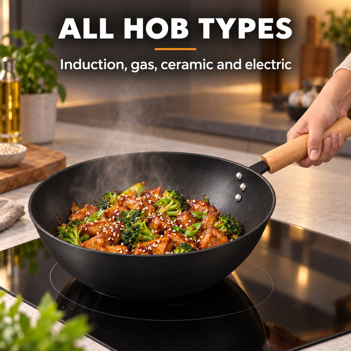 3-piece Japanese wok set, ALL HOB TYPES: Induction, gas, ceramic and electric