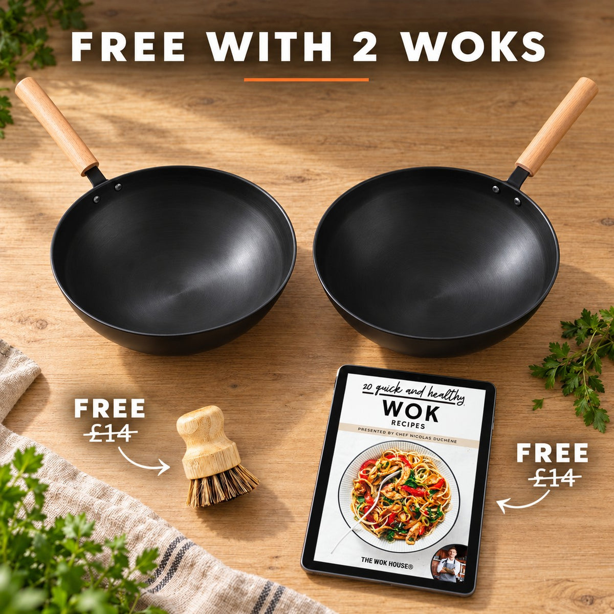 3-piece Japanese wok set, FREE WITH 2 WOKS: bamboo brush (£14), recipe book (£14)