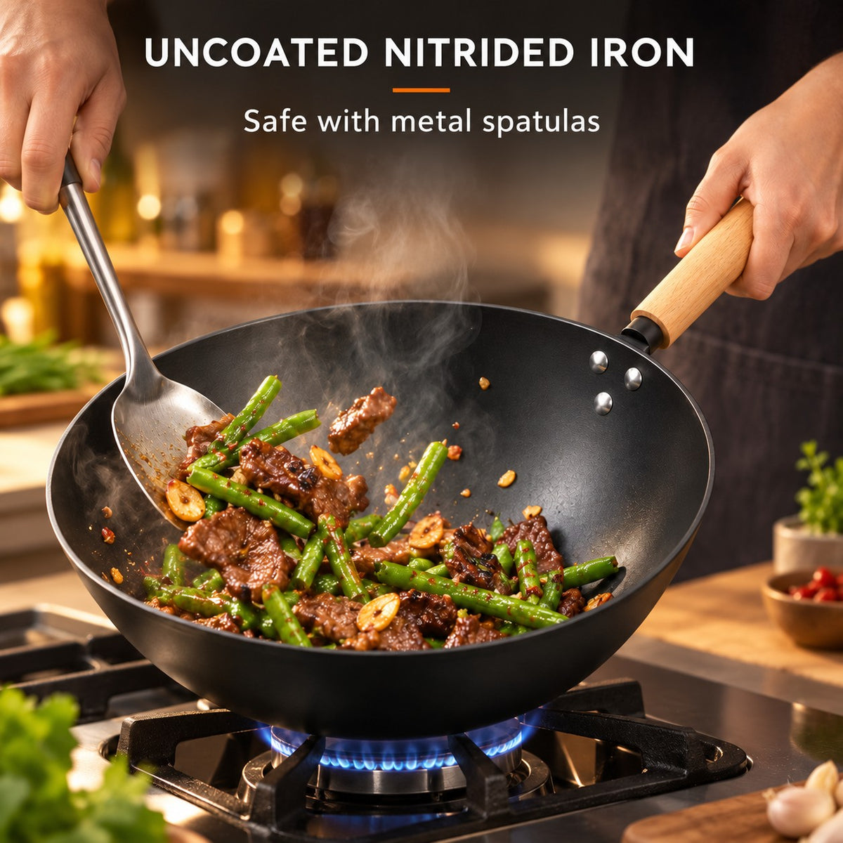 3-piece Japanese wok set, UNCOATED NITRIDED IRON: Safe with metal spatulas