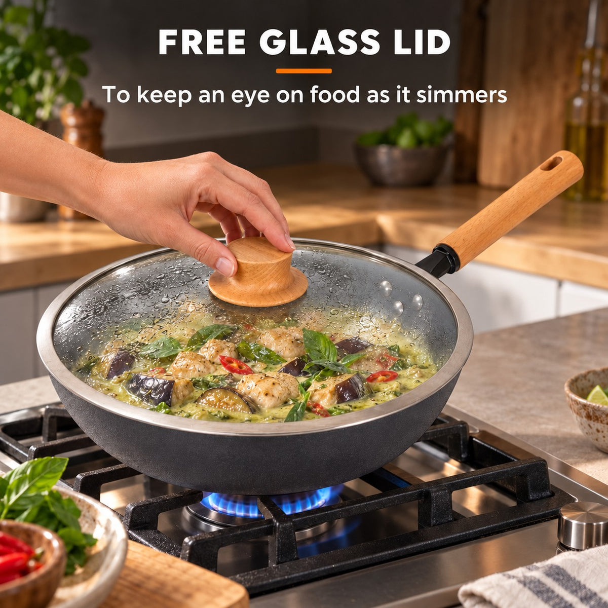 32 cm wok, FREE GLASS LID: To keep an eye on food as it simmers