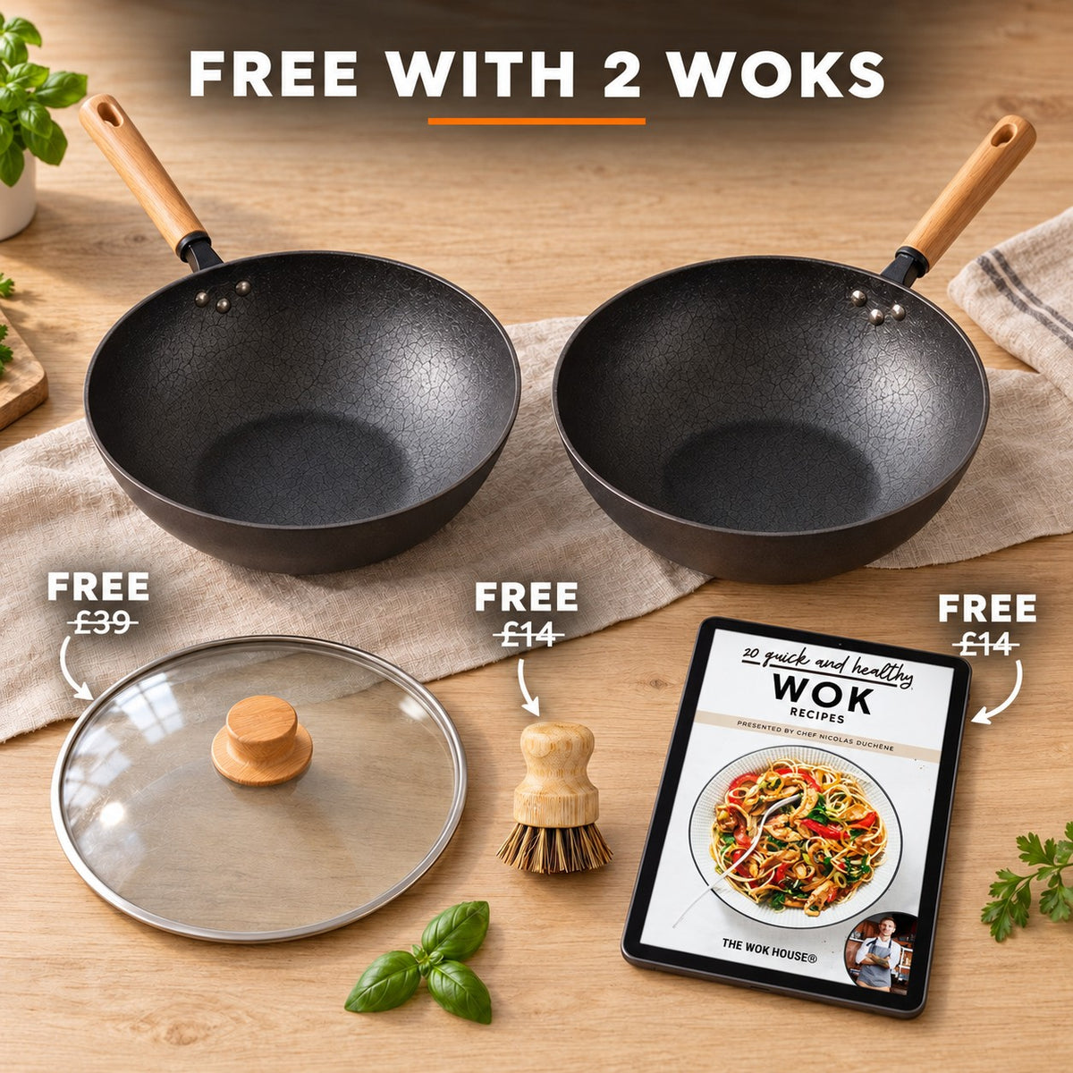 32 cm wok, FREE WITH 2 WOKS: glass lid (£39), bamboo brush (£14), recipe book (£14)