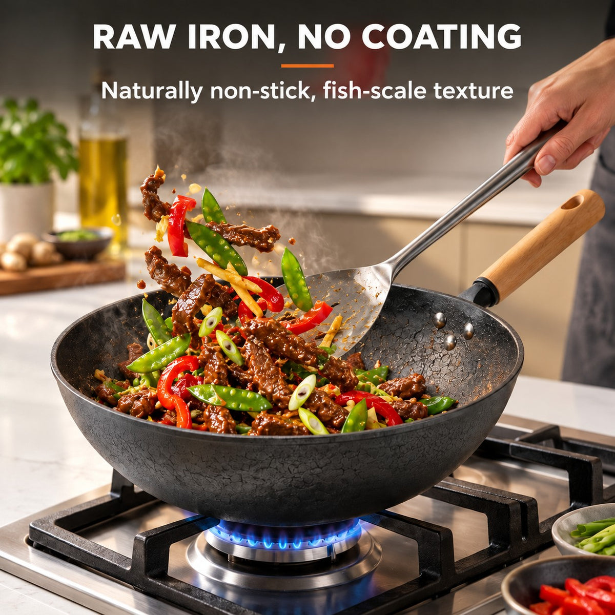 32 cm wok, RAW IRON, NO COATING: Naturally non-stick, fish-scale texture