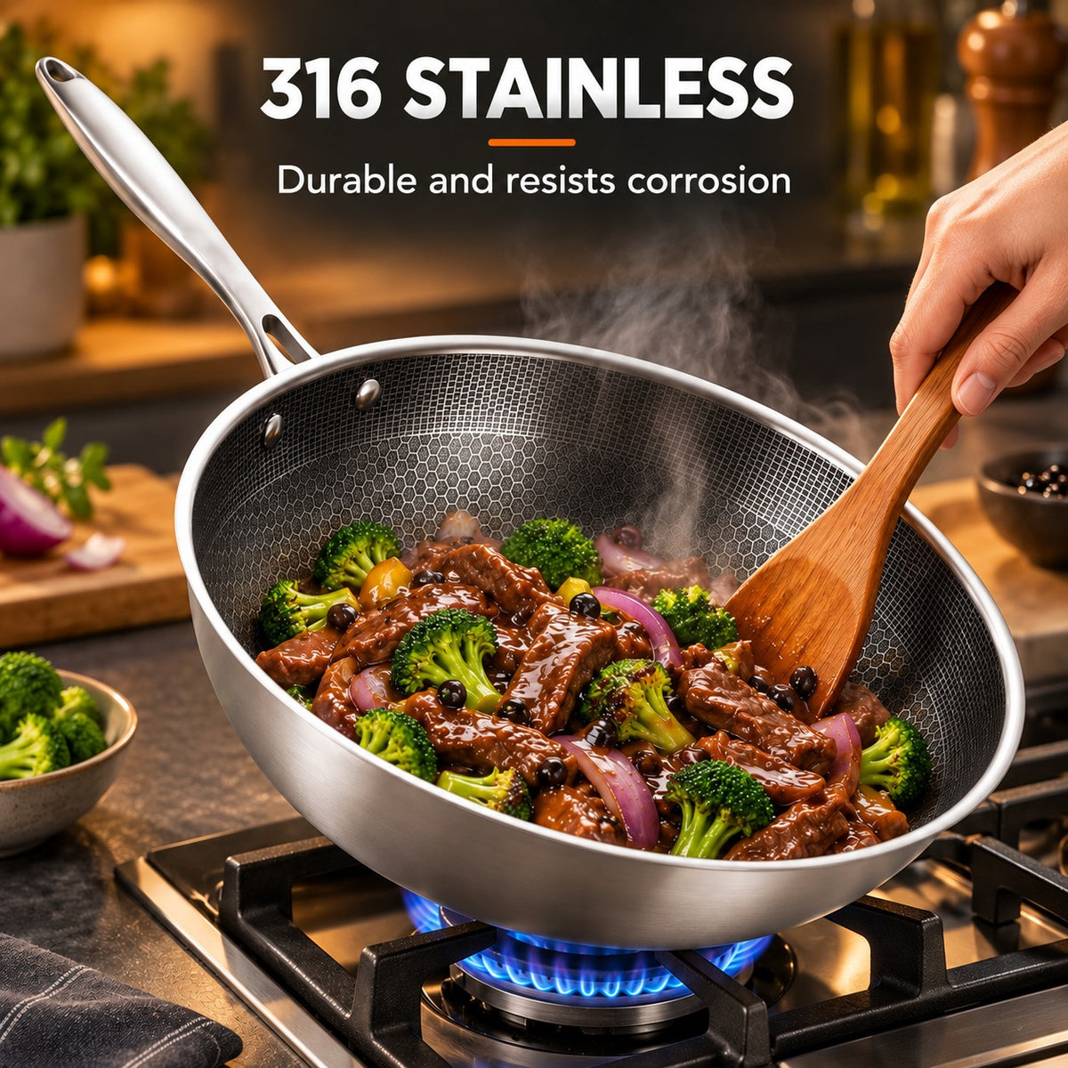 The Dojuka Stainless Steel Wok, 316 STAINLESS: Durable and resists corrosion