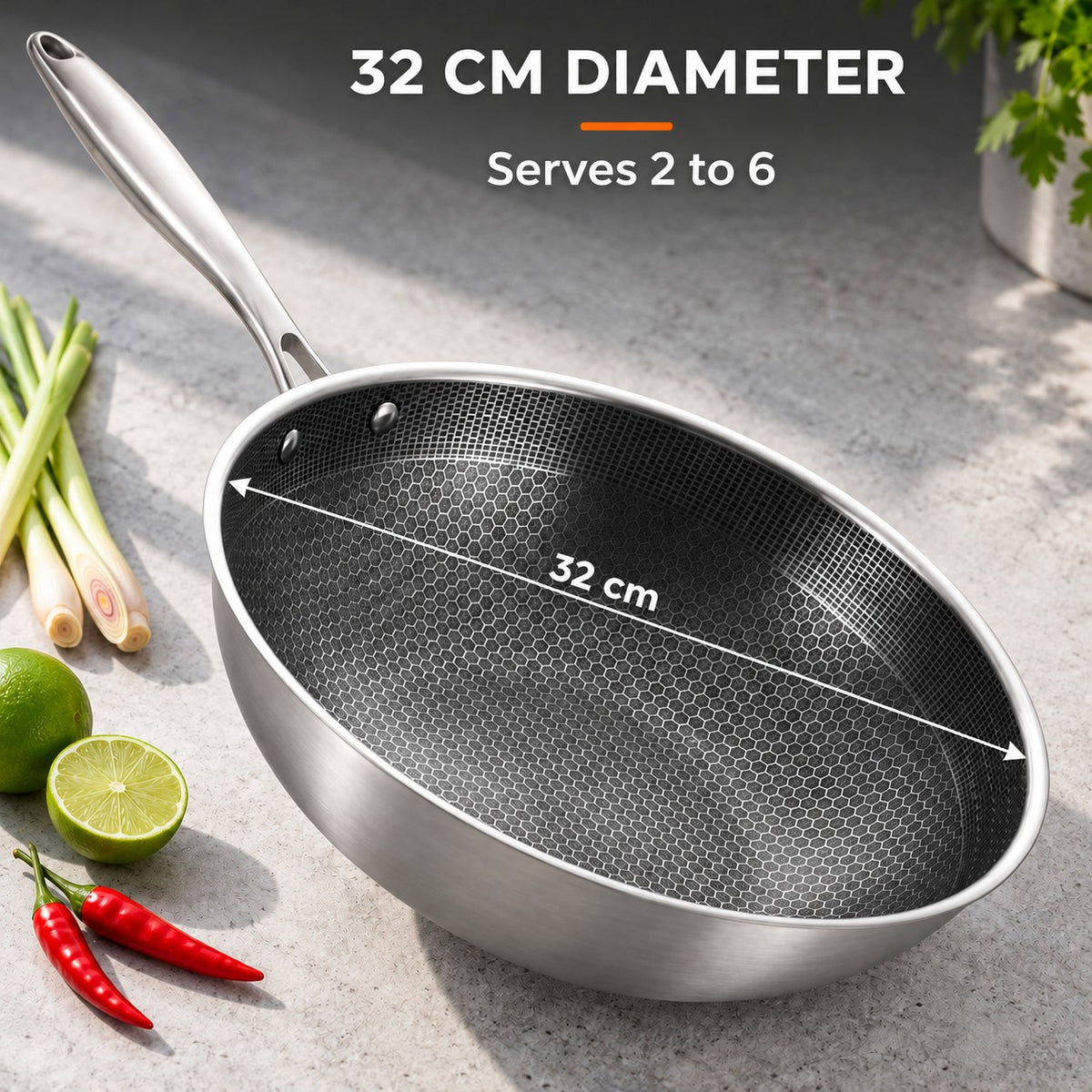 The Dojuka Stainless Steel Wok, 32 CM DIAMETER: Serves 2 to 6
