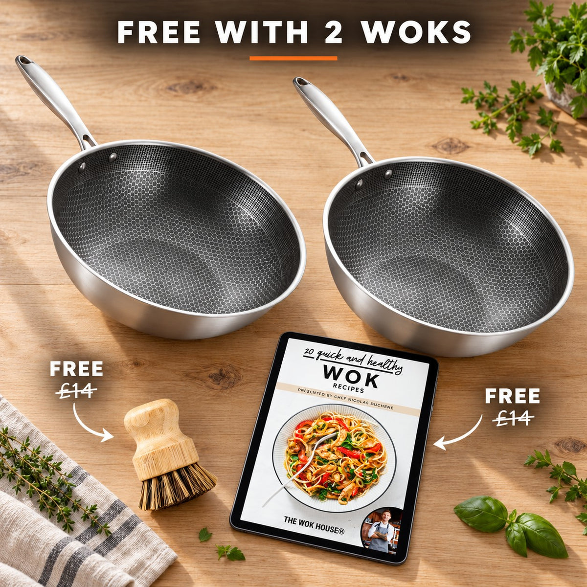 The Dojuka Stainless Steel Wok, FREE WITH 2 WOKS: bamboo brush (£14), recipe book (£14)