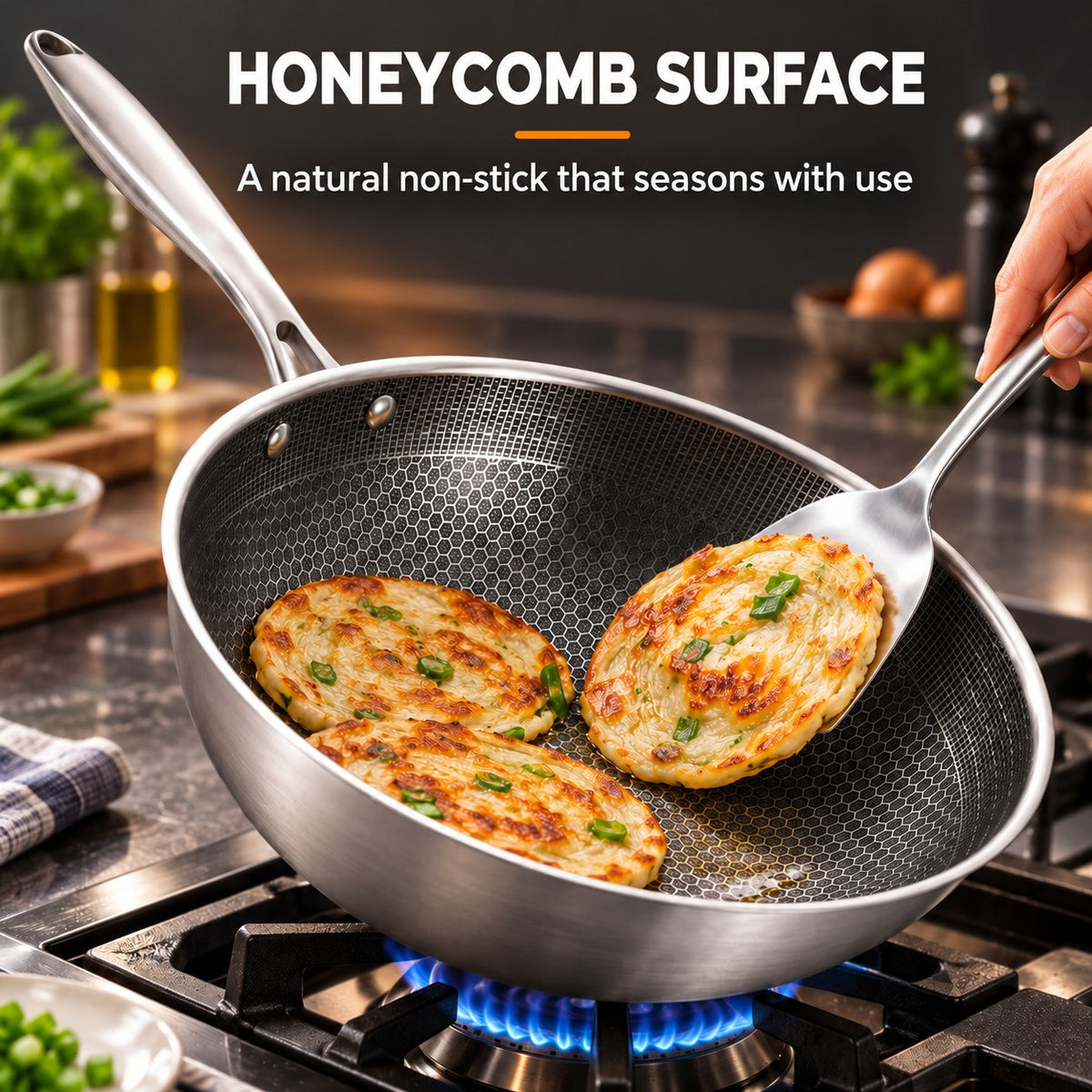 The Dojuka Stainless Steel Wok, HONEYCOMB SURFACE: A natural non-stick that seasons with use