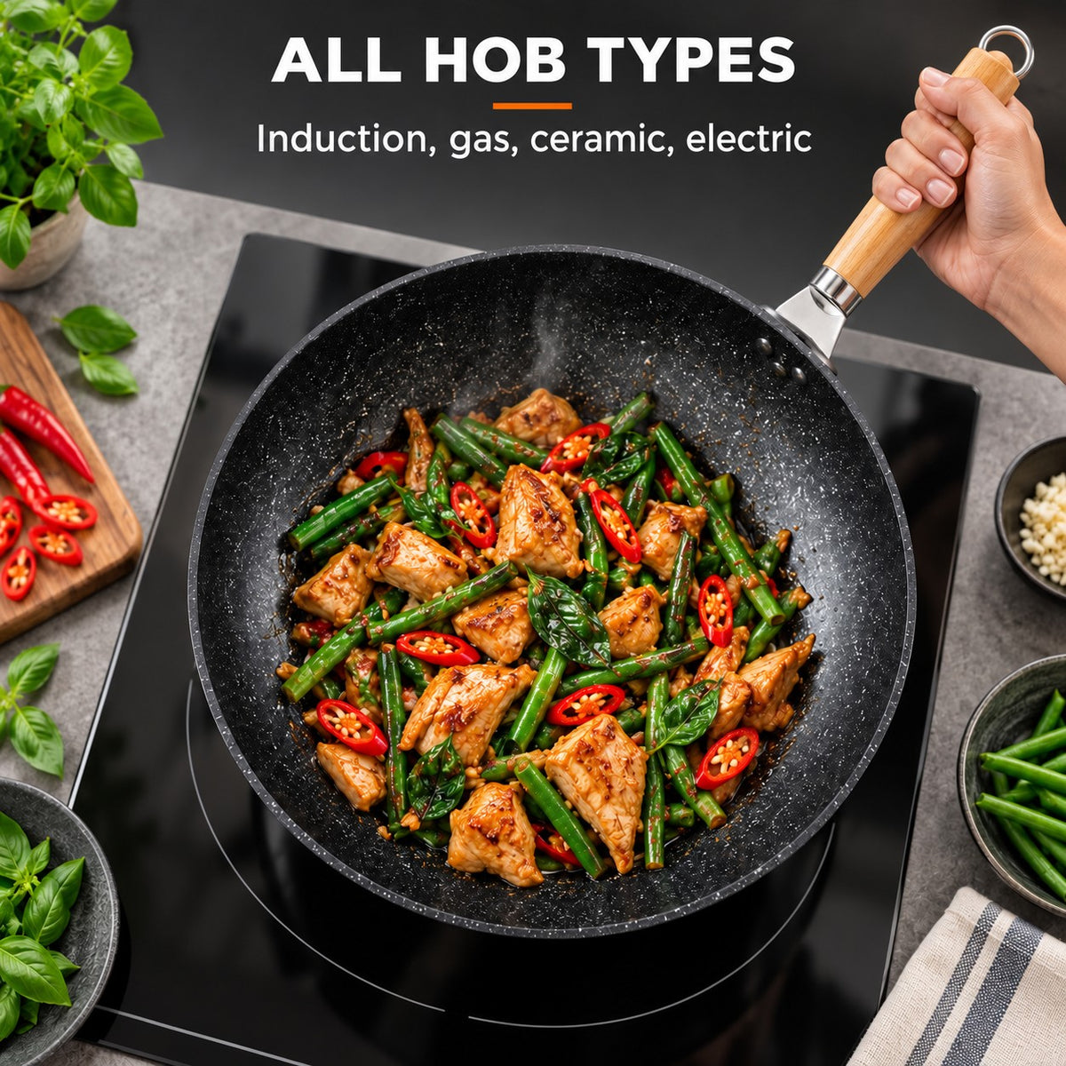 The Aino Wok With Lid, ALL HOB TYPES: Induction, gas, ceramic, electric