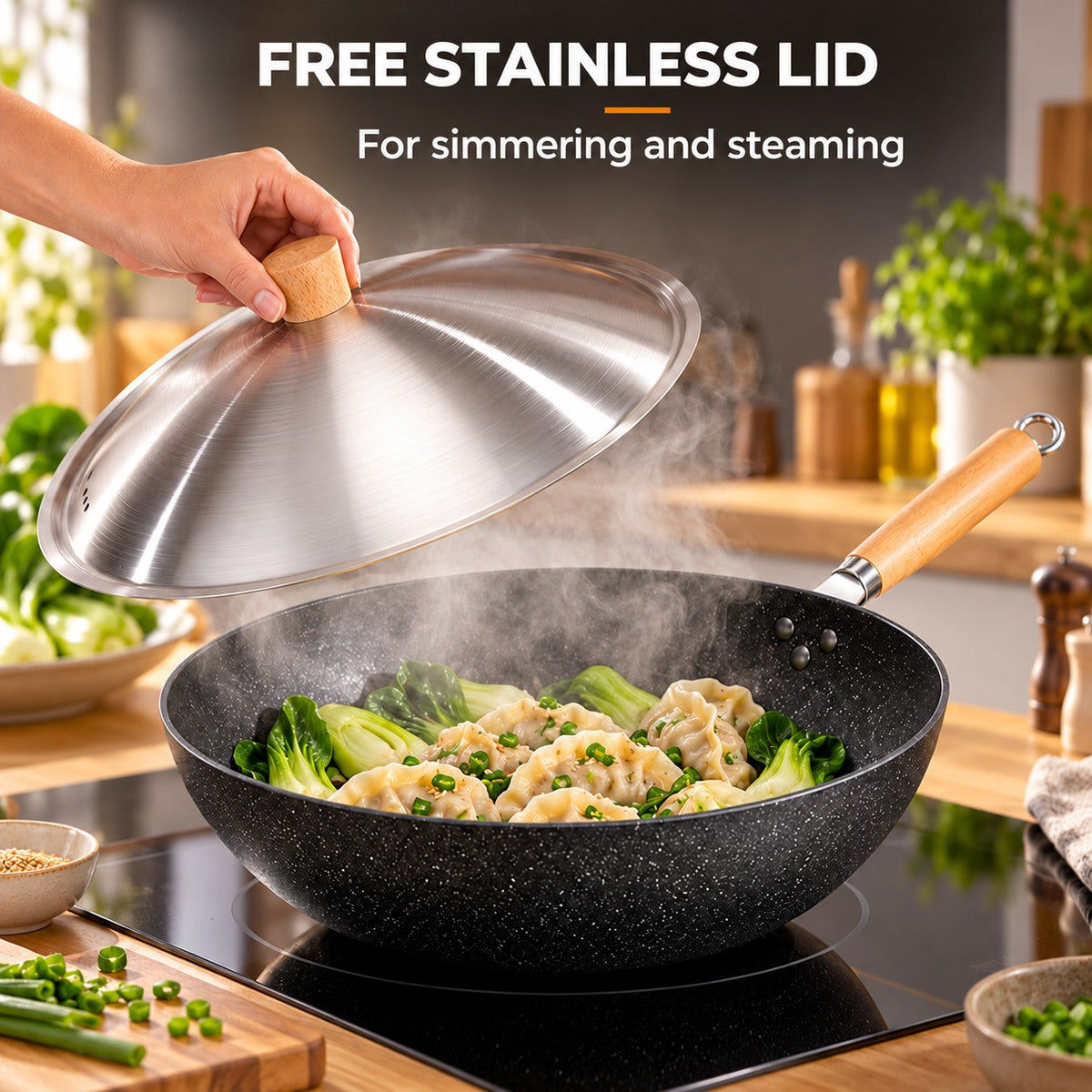 The Aino Wok With Lid, FREE STAINLESS LID: For simmering and steaming