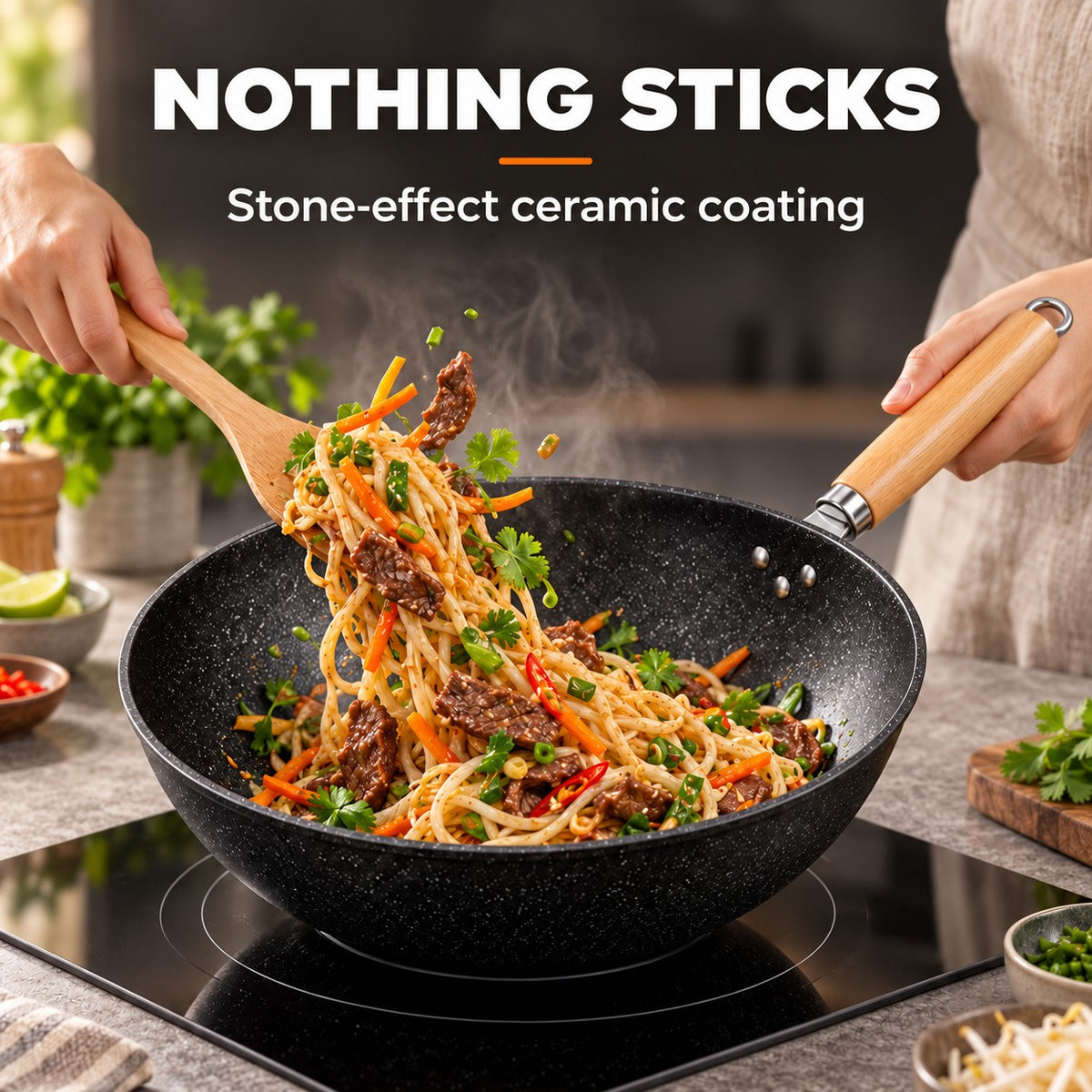 The Aino Wok With Lid, NOTHING STICKS: Stone-effect ceramic coating