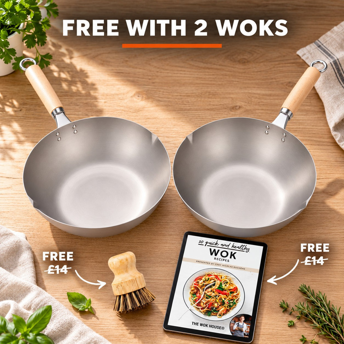 The Pokao Non Stick Wok, FREE WITH 2 WOKS: bamboo brush (£14), recipe book (£14)