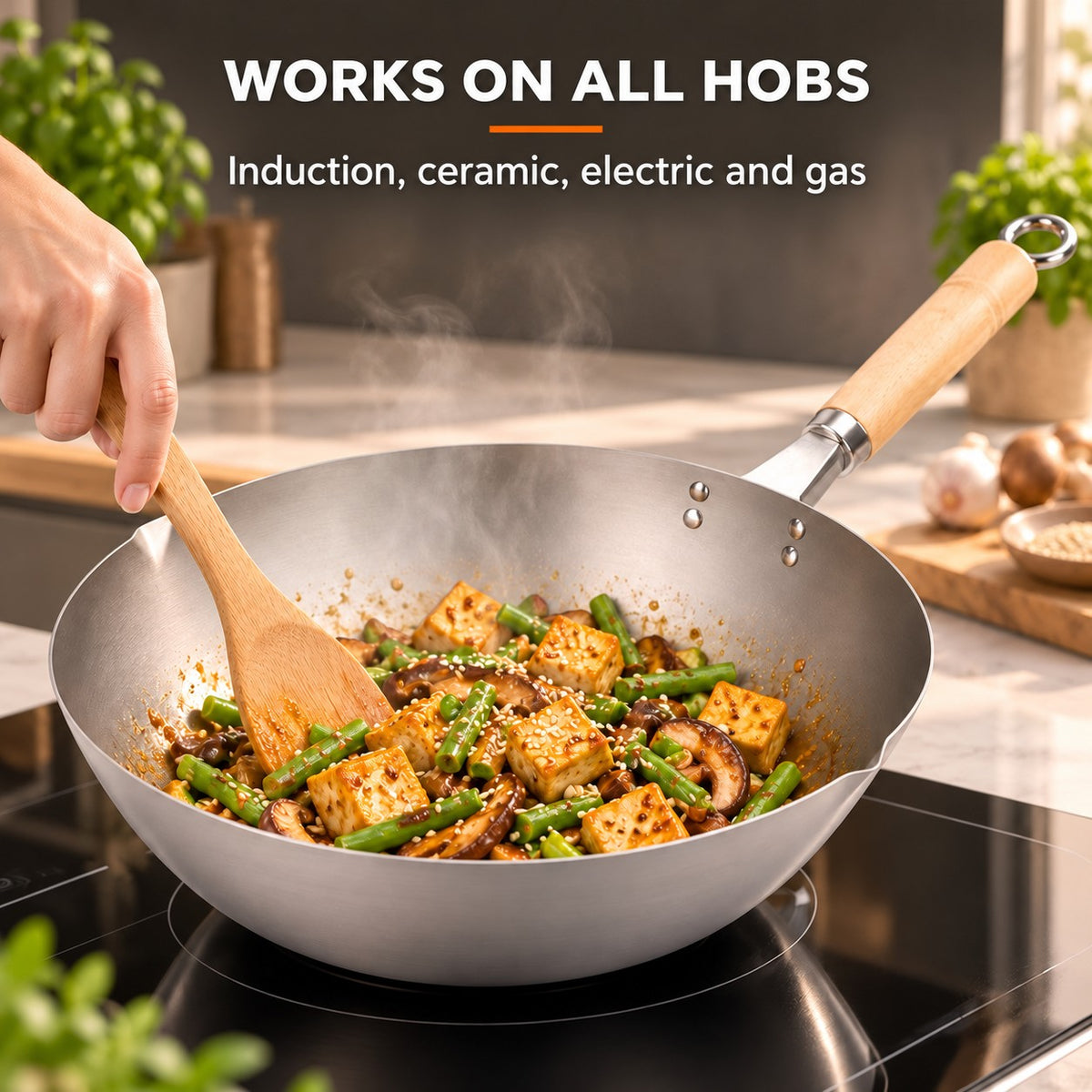 The Pokao Non Stick Wok, WORKS ON ALL HOBS: Induction, ceramic, electric and gas