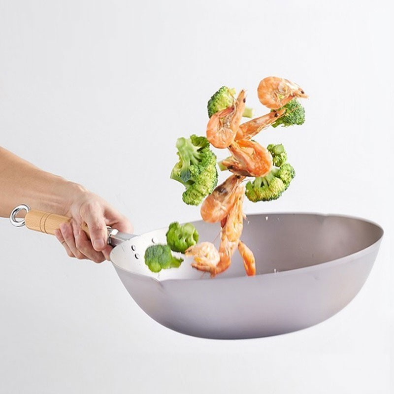 Pokao stainless steel 36 cm non-stick wok with wooden handle