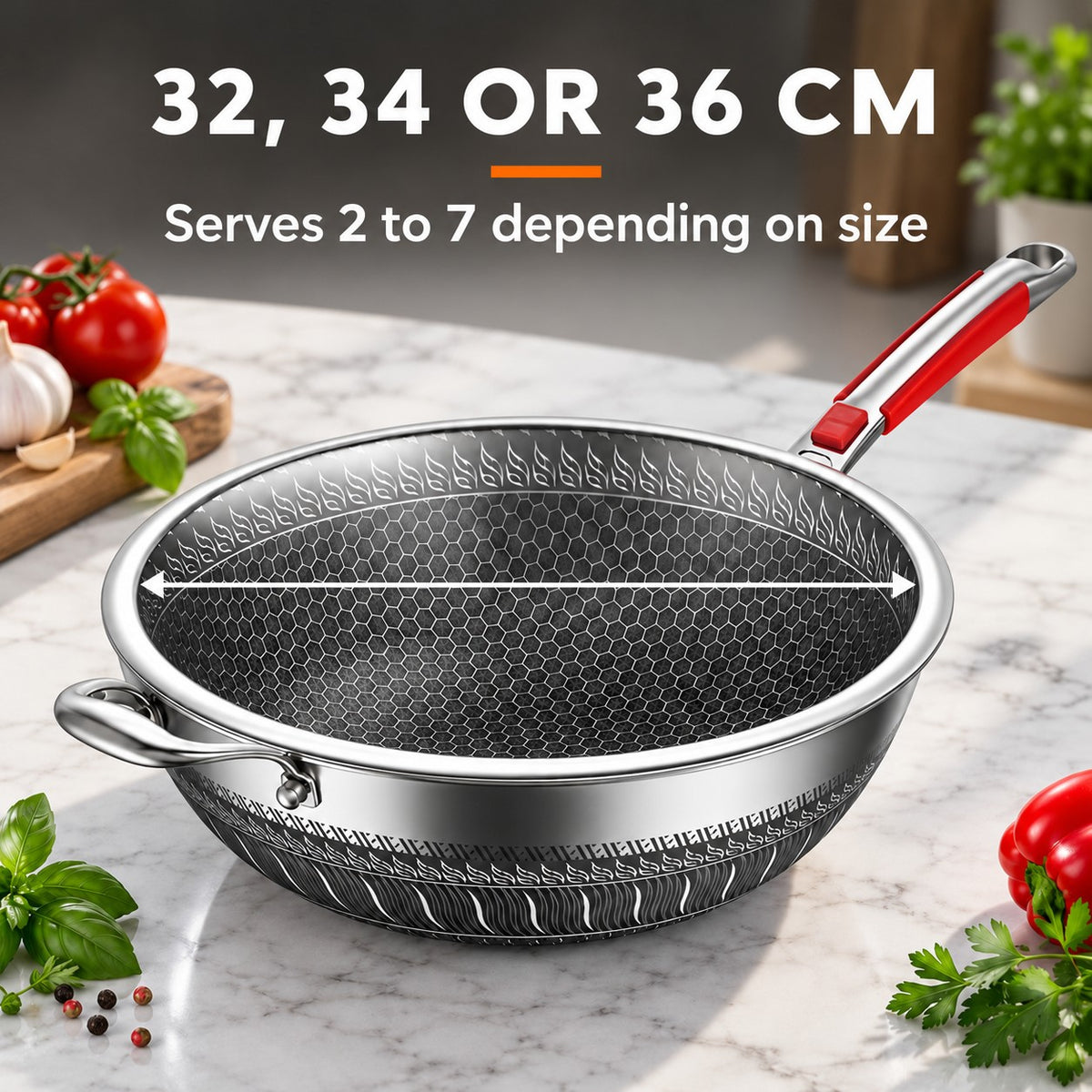 410 Stainless Steel Non-Stick Wok, 32, 34 OR 36 CM: Serves 2 to 7 depending on size