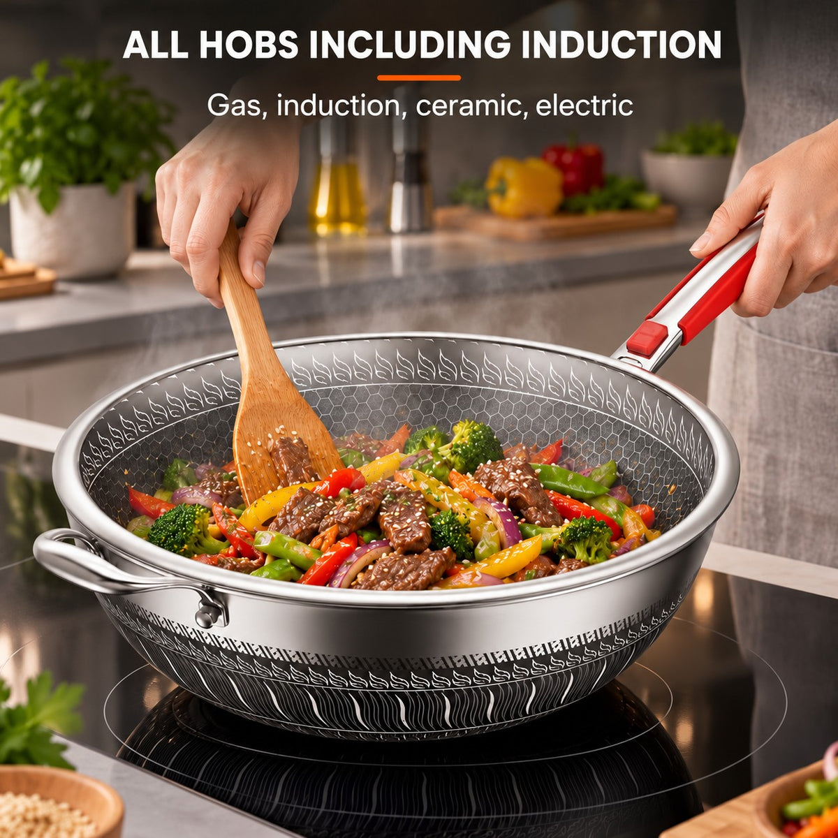 410 Stainless Steel Non-Stick Wok, ALL HOBS INCLUDING INDUCTION: Gas, induction, ceramic, electric