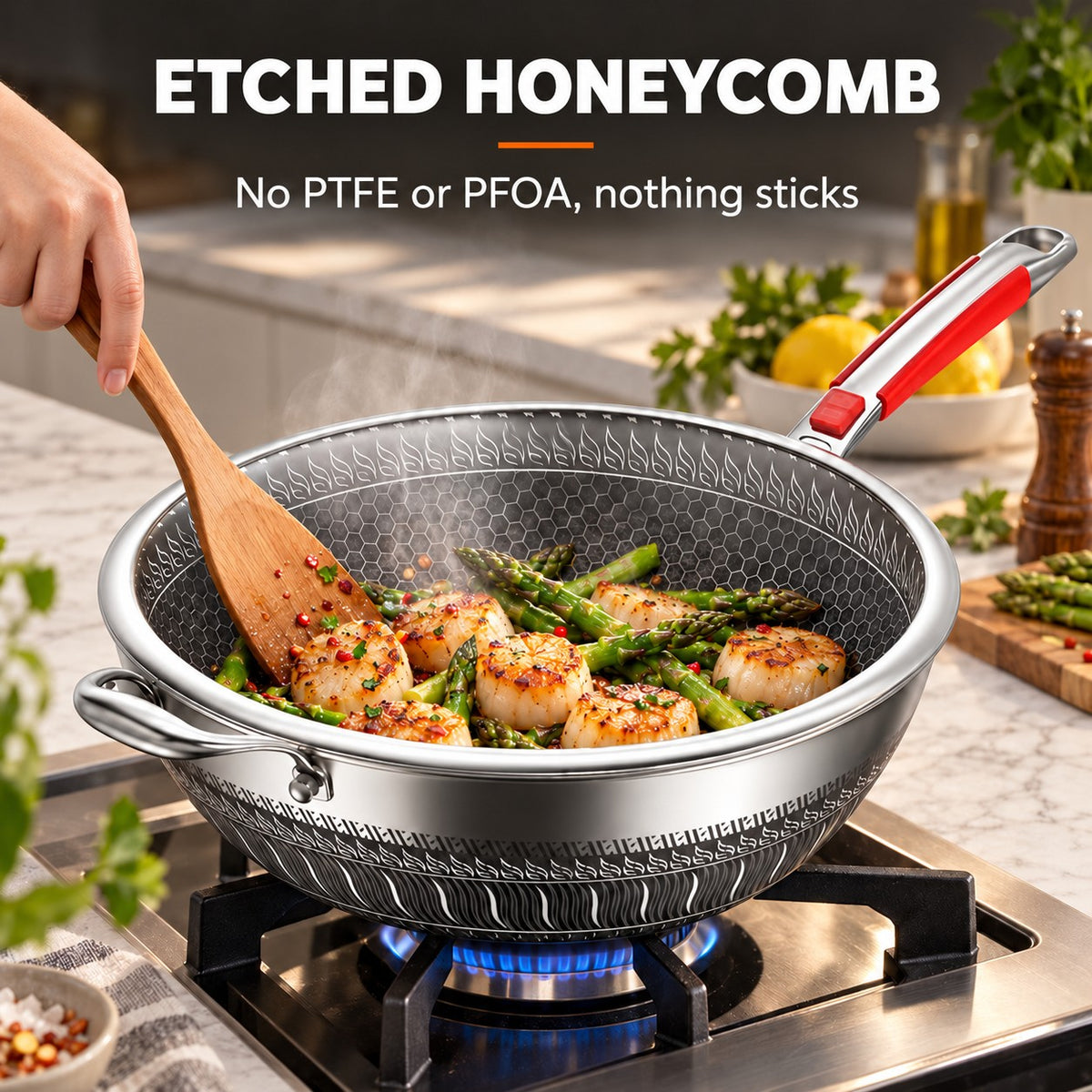 410 Stainless Steel Non-Stick Wok, ETCHED HONEYCOMB: No PTFE or PFOA, nothing sticks