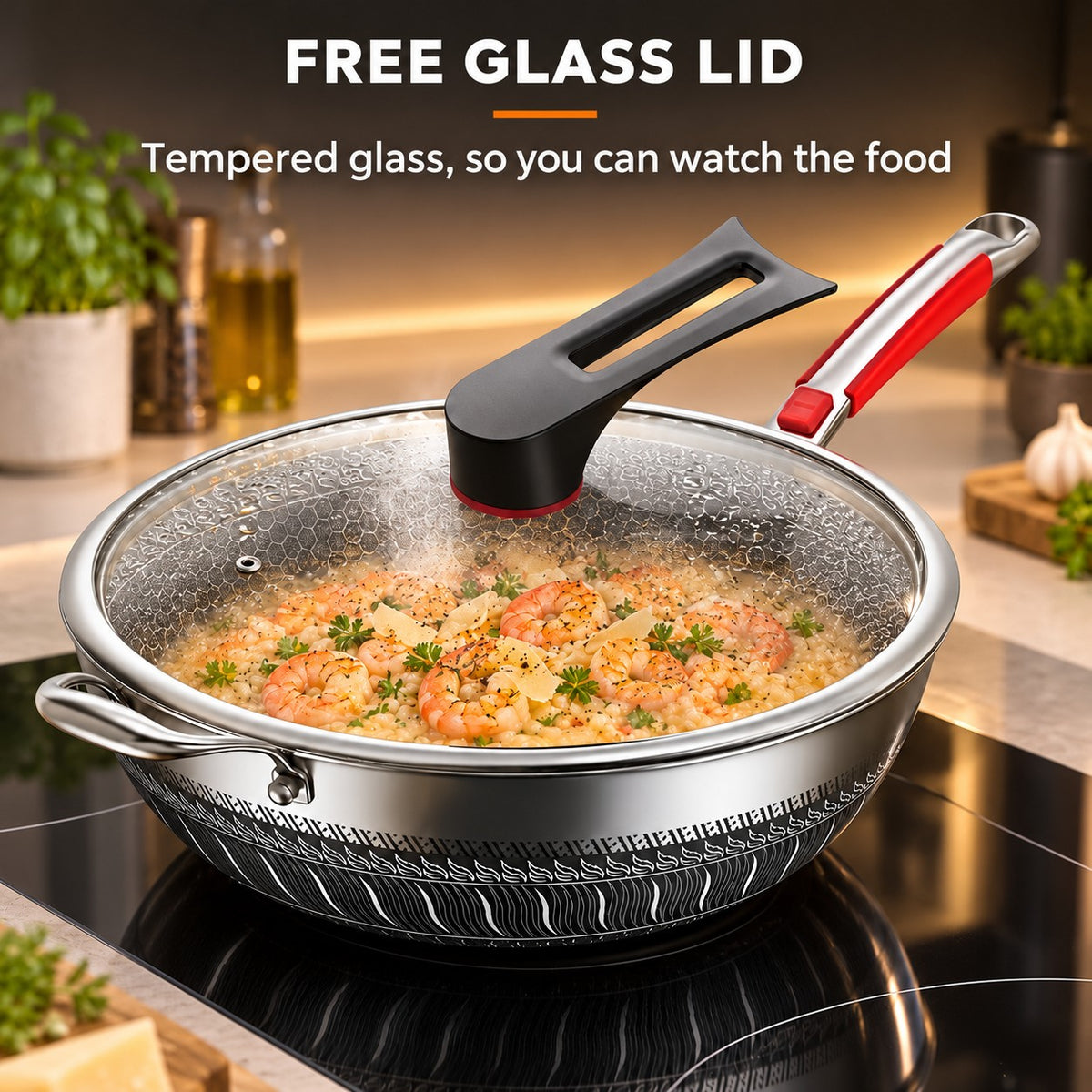 410 Stainless Steel Non-Stick Wok, FREE GLASS LID: Tempered glass, so you can watch the food