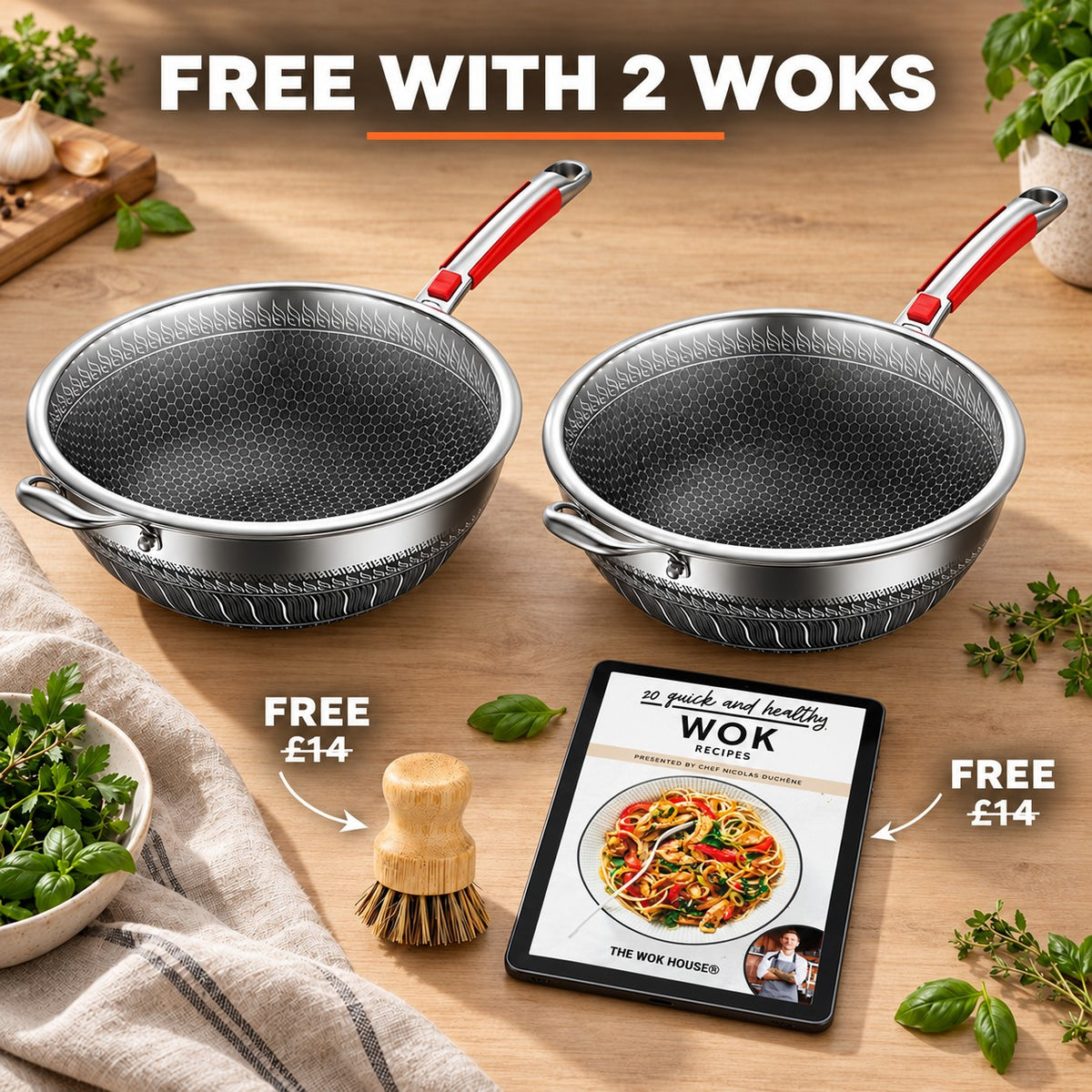 410 Stainless Steel Non-Stick Wok, FREE WITH 2 WOKS: bamboo brush (£14), recipe book (£14)
