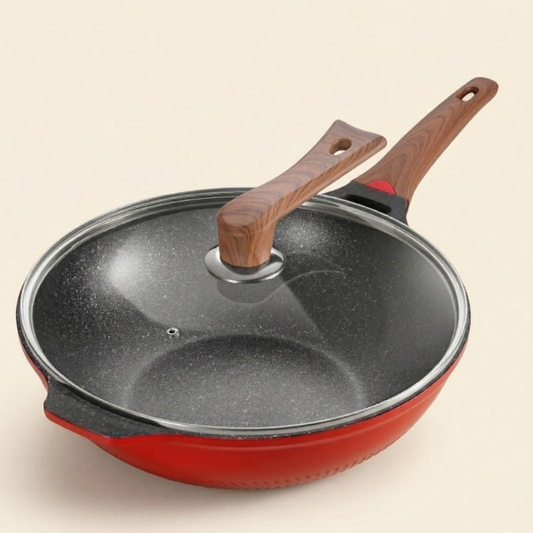 Red designer wok with lid