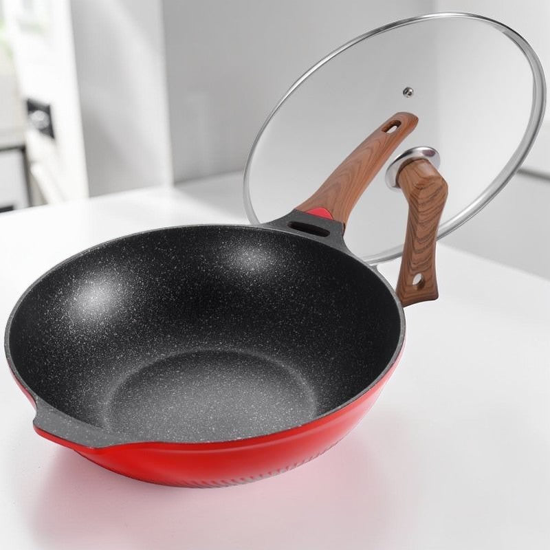 Red designer wok with lid