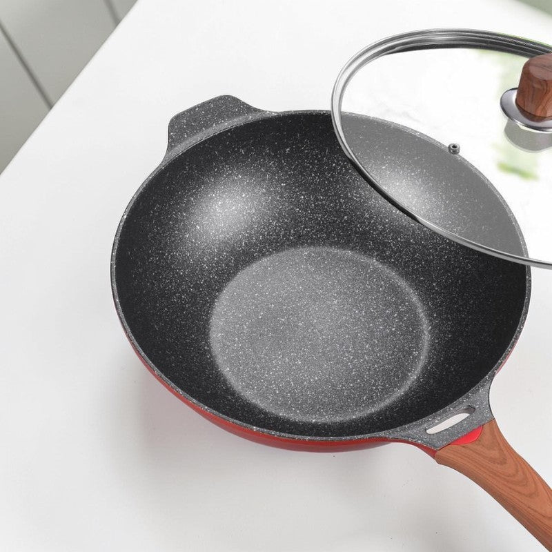 Red designer wok with lid