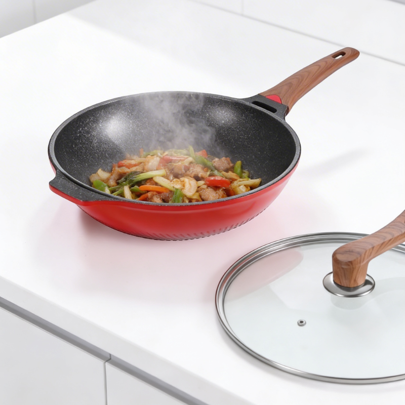 Red designer wok with lid