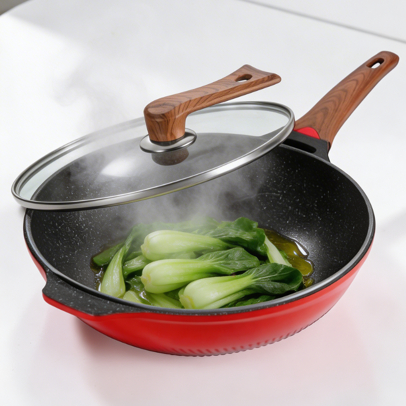 Red designer wok with lid