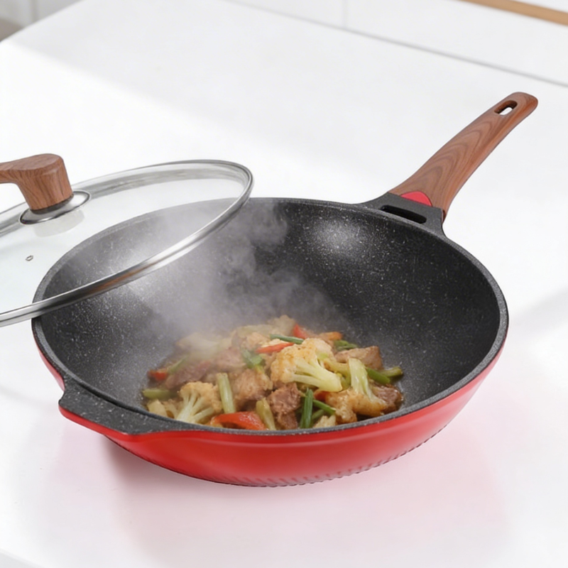 Red designer wok with lid