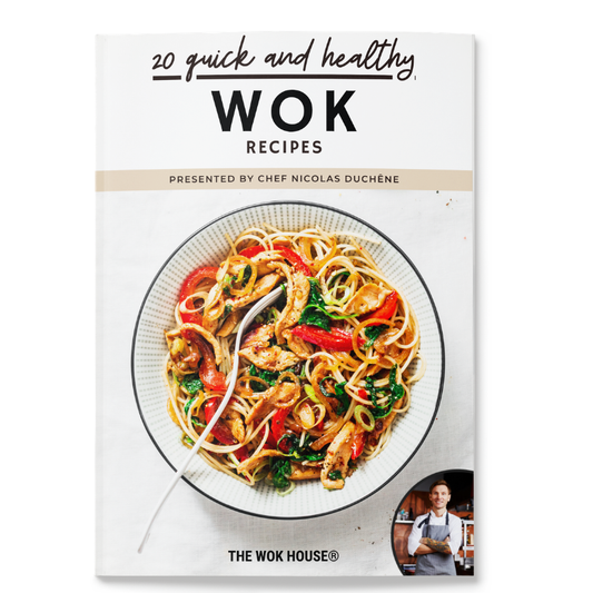 Digital cookbook cover with 20 healthy and quick wok recipes