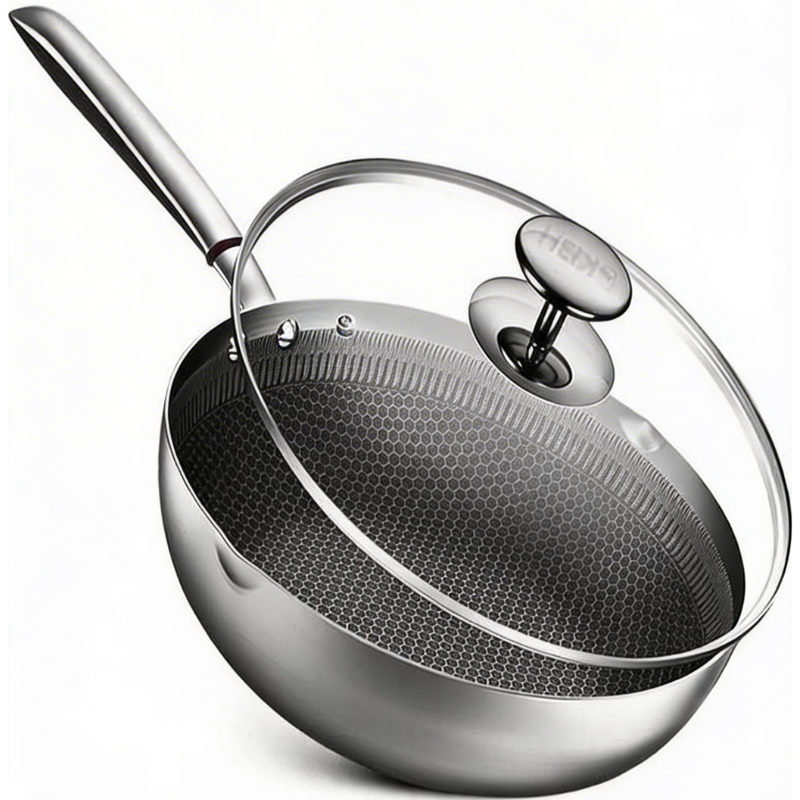 Iwate stainless steel wok with glass lid on ceramic cooktop