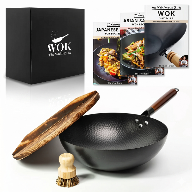 Black Edition wok set with Shirane carbon steel wok, cleaning brush and recipe books