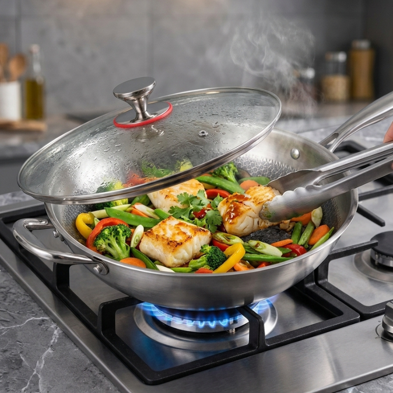 Hammered stainless steel wok