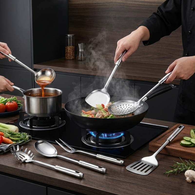 Stainless steel wok utensil set