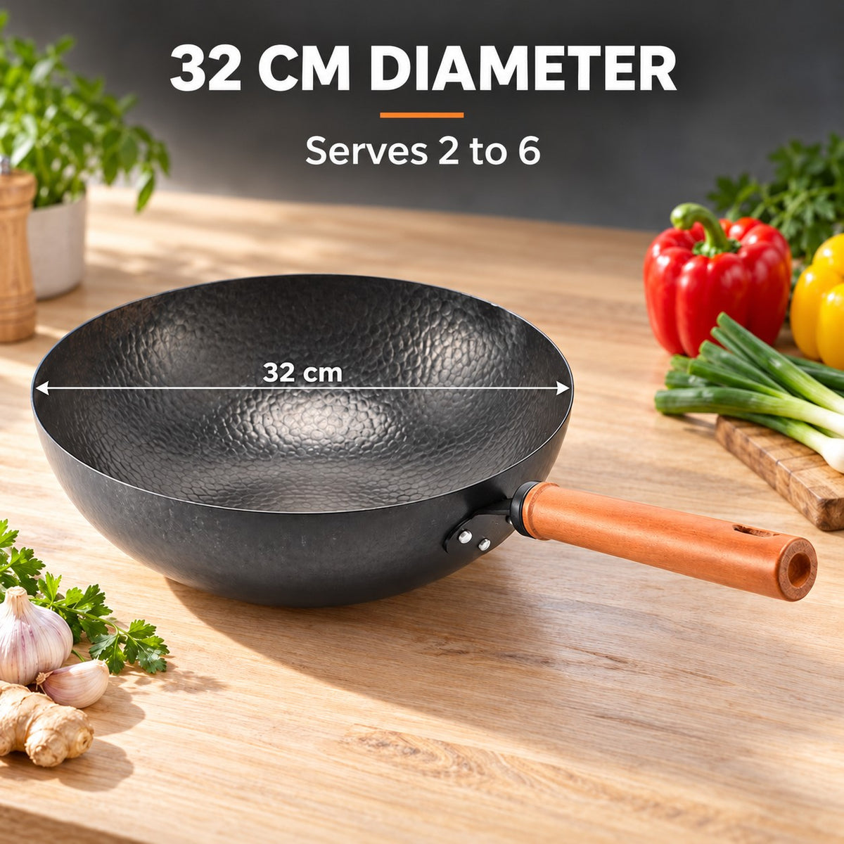 The Benka Carbon Steel Wok, 32 CM DIAMETER: Serves 2 to 6