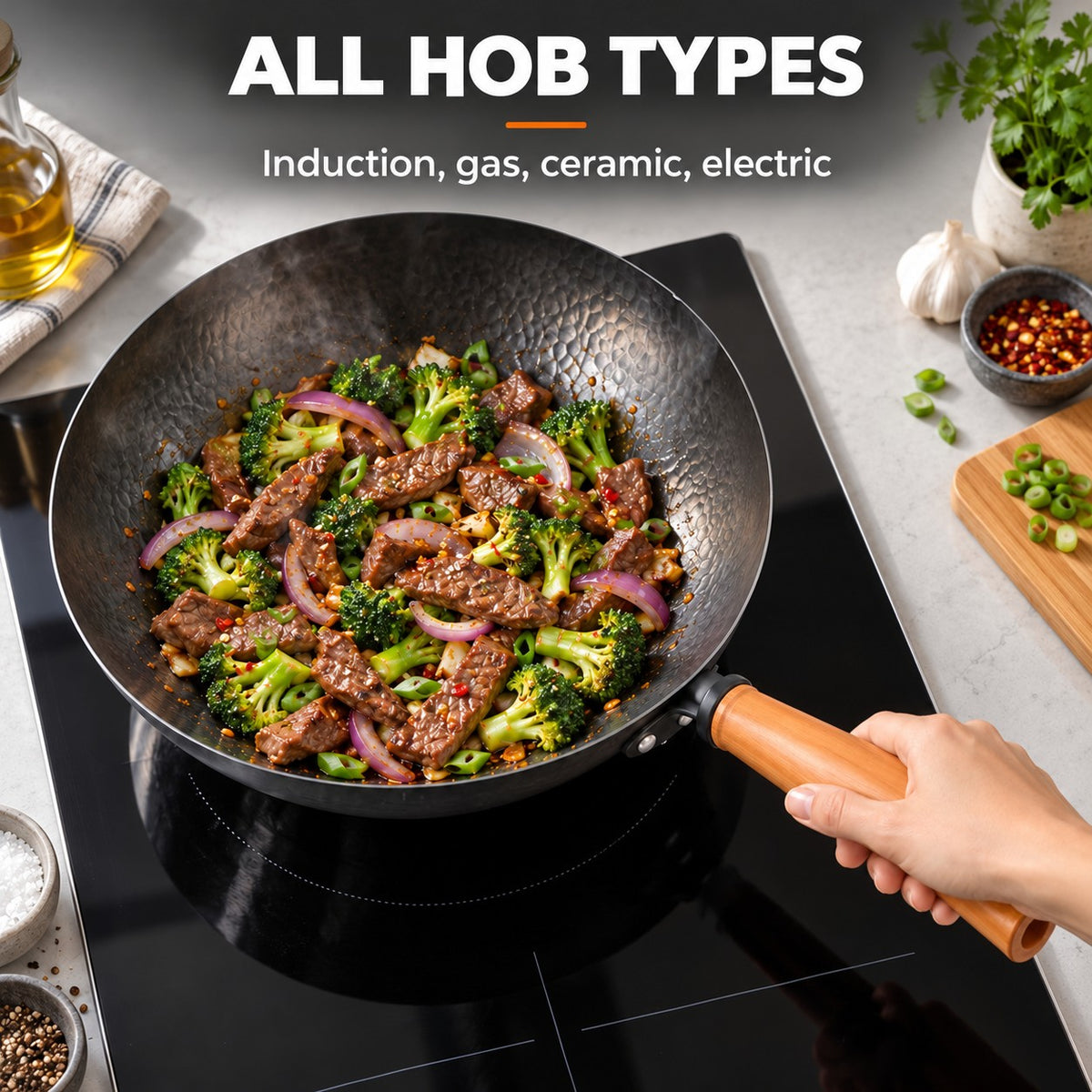 The Benka Carbon Steel Wok, ALL HOB TYPES: Induction, gas, ceramic, electric