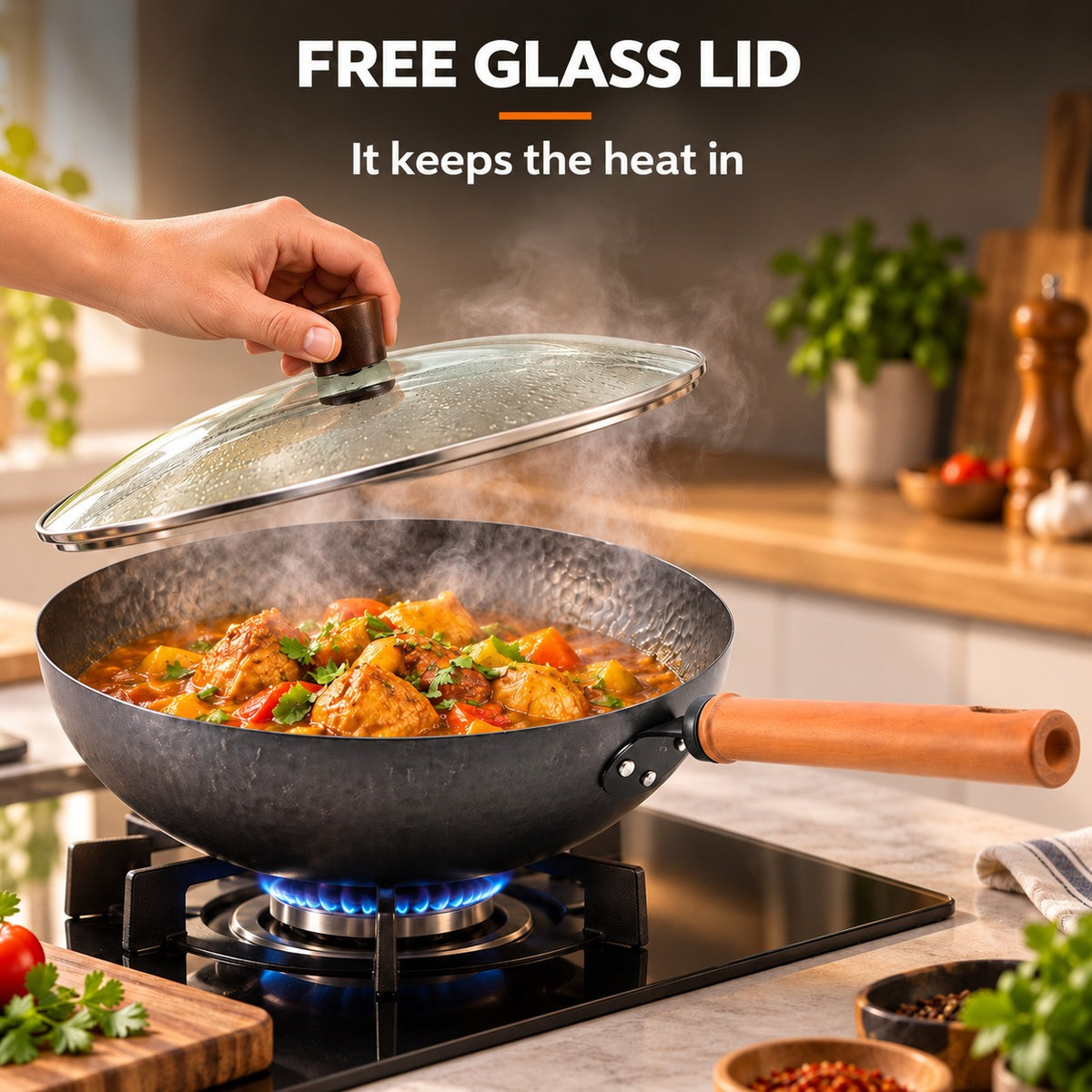 The Benka Carbon Steel Wok, FREE GLASS LID: It keeps the heat in