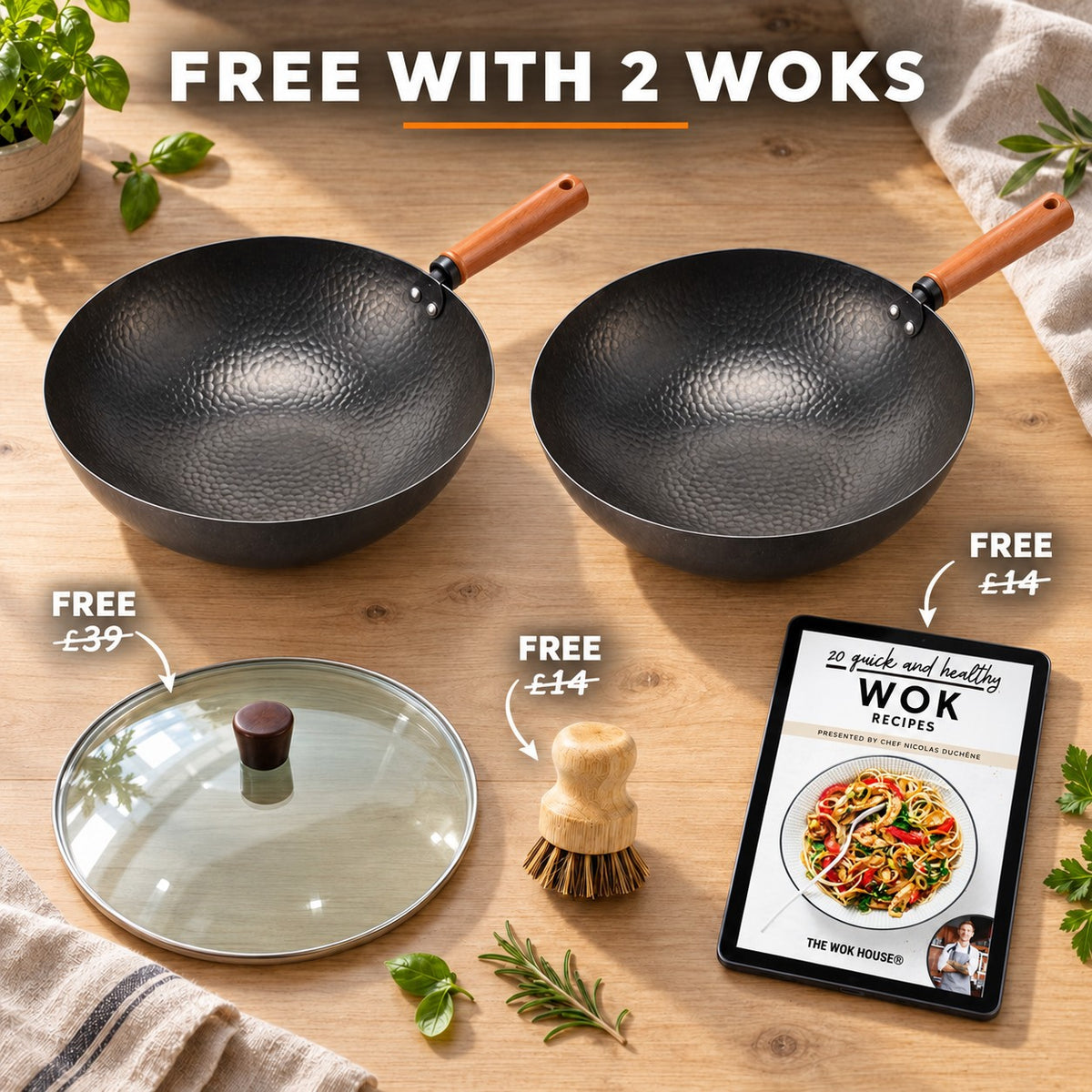 The Benka Carbon Steel Wok, FREE WITH 2 WOKS: glass lid (£39), bamboo brush (£14), recipe book (£14)