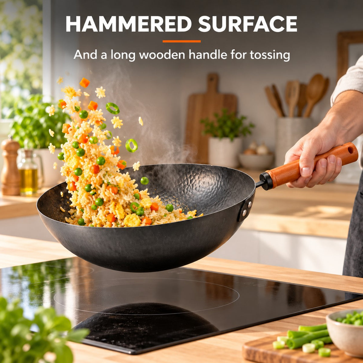 The Benka Carbon Steel Wok, HAMMERED SURFACE: And a long wooden handle for tossing