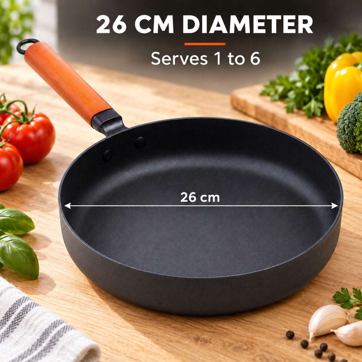 The Pokaj Flat Bottom Wok, 26 CM DIAMETER: Serves 1 to 6