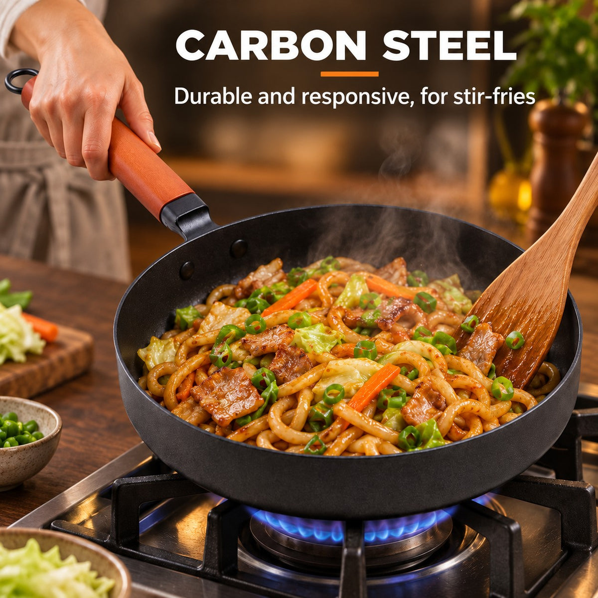 The Pokaj Flat Bottom Wok, CARBON STEEL: Durable and responsive, for stir-fries