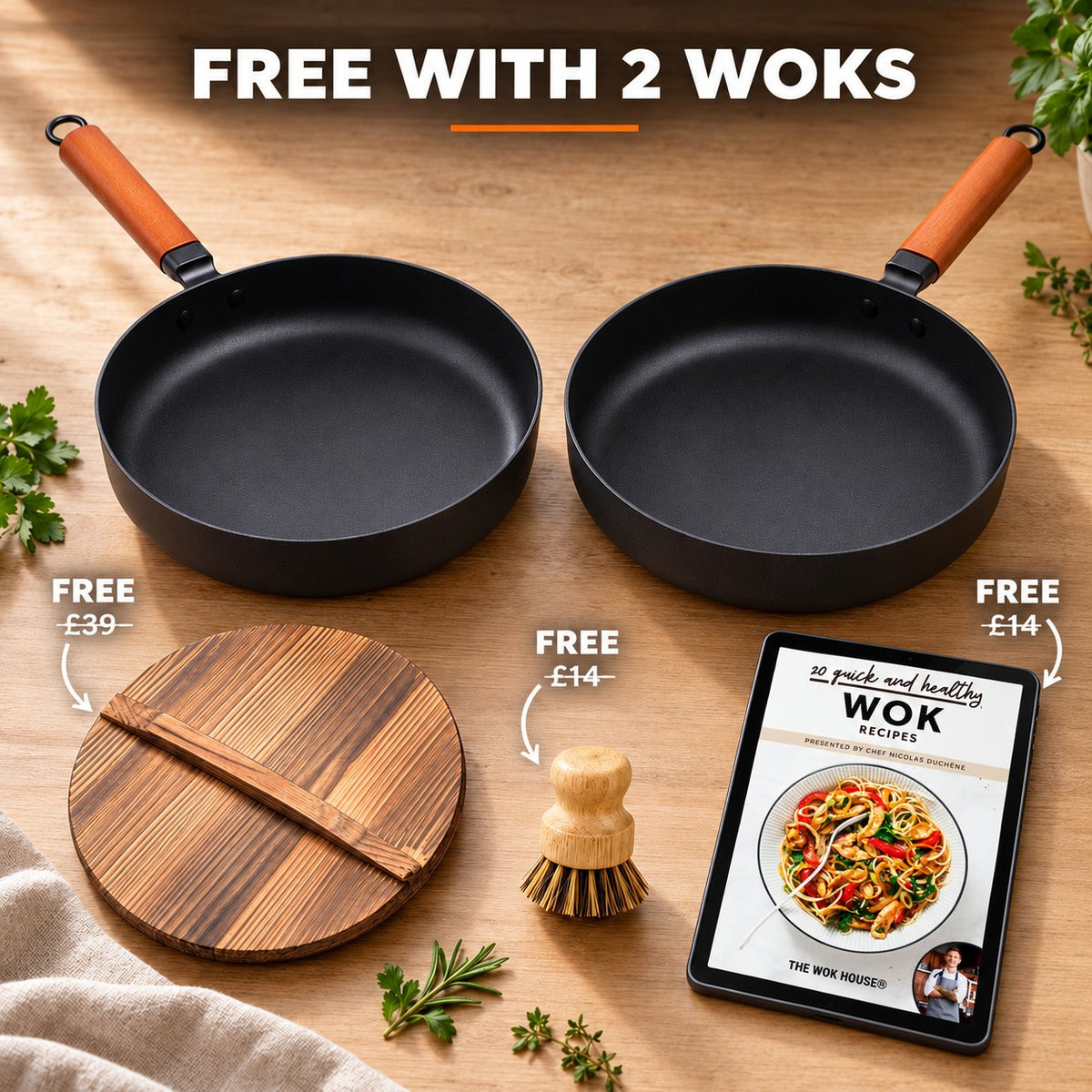The Pokaj Flat Bottom Wok, FREE WITH 2 WOKS: wooden lid (£39), bamboo brush (£14), recipe book (£14)