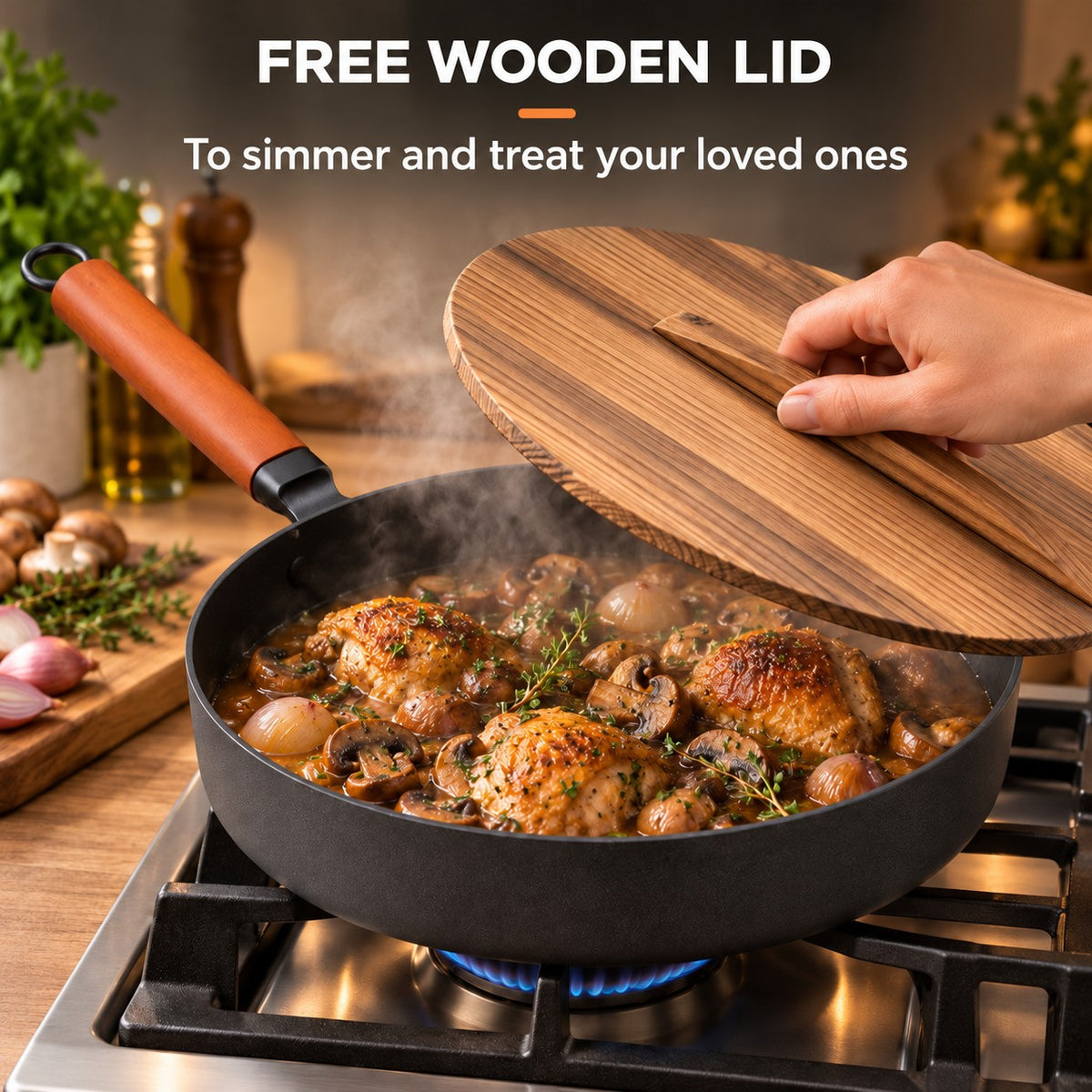 The Pokaj Flat Bottom Wok, FREE WOODEN LID: To simmer and treat your loved ones